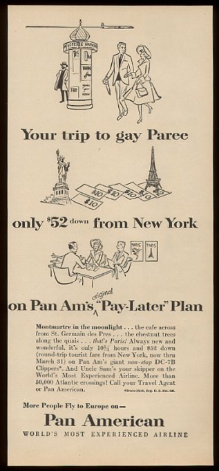 1956 A Pan American ad promoting low fares to France.